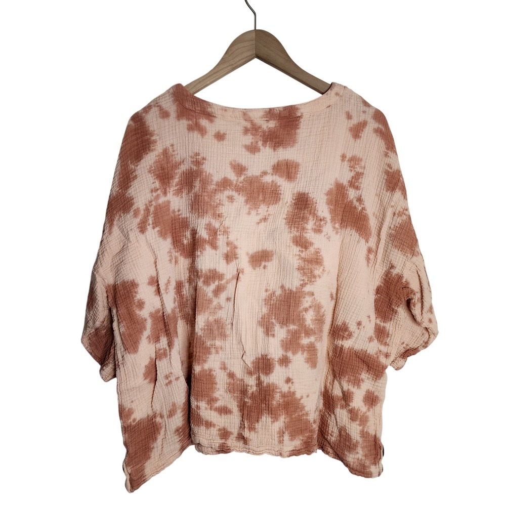Pure Jill Top Women L Pink Tie Dye Cotton Gauze Short Sleeve Boxy Tee - Picture 2 of 5